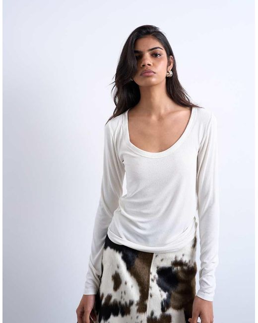 TOPSHOP White Premium Rib Long Sleeve Wide Scoop Neck Top