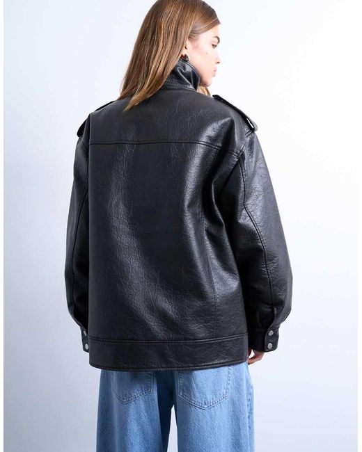 TOPSHOP Blue Leather Look Oversized Funnel Neck Zip Through Jacket