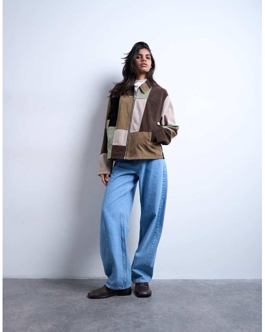 TOPSHOP Brown Boxy Faux Suede Patchwork Zip Up Jacket