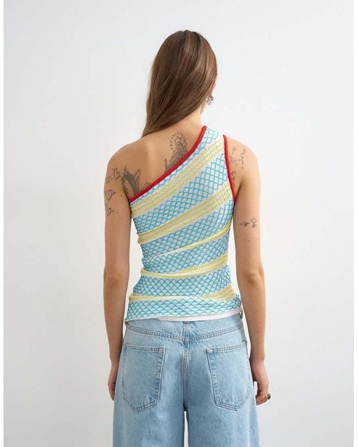TOPSHOP Blue Knitted Asymmetric One Shoulder Colour Pop Top