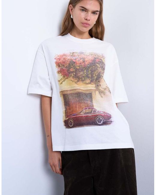 TOPSHOP White Graphic Oversized Retro Car Print Tee