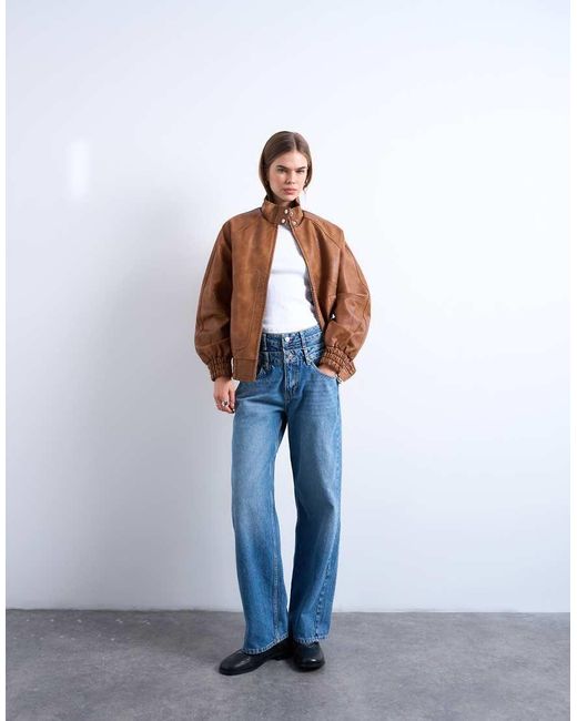 TOPSHOP Blue Leather Look Funnel Neck Jacket