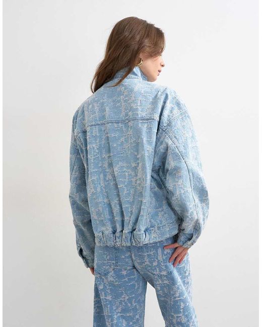 TOPSHOP Blue Denim Funnel Neck Elastic Hem Detail Jacket Ultra-Distressed