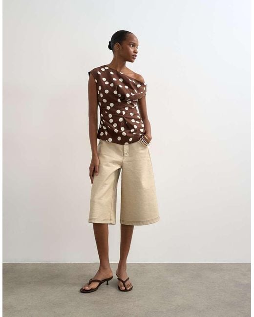 TOPSHOP Natural Linen Cinched Waist Asymmetric Twist Shoulder Top