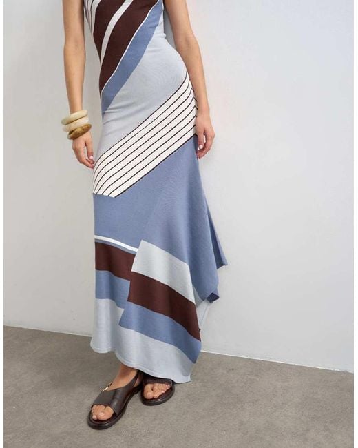 TOPSHOP White Knitted Asymmetric Stripe Maxi Dress