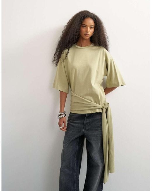 TOPSHOP Green Wrap Waist Tie Detail Top