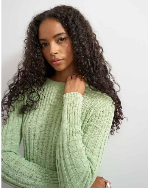 TOPSHOP Green Knitted Long Sleeve Slim Fit Crew Neck Ribbed Top