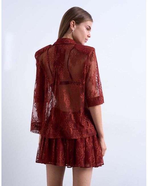 TOPSHOP Red Sheer Lace Shirt
