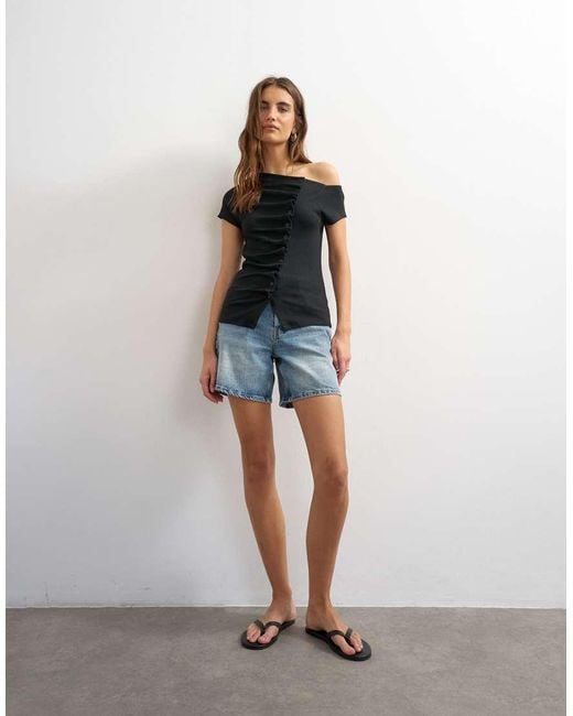 TOPSHOP Black Bardot Button Through Top
