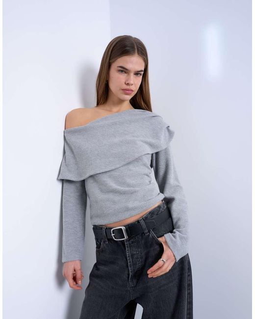 TOPSHOP Gray Asymmetric Soft Touch Bardot Drape Long Sleeve Top