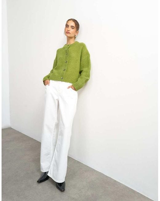 TOPSHOP Green Knitted Boxy Pointelle Deep Rib Cardigan