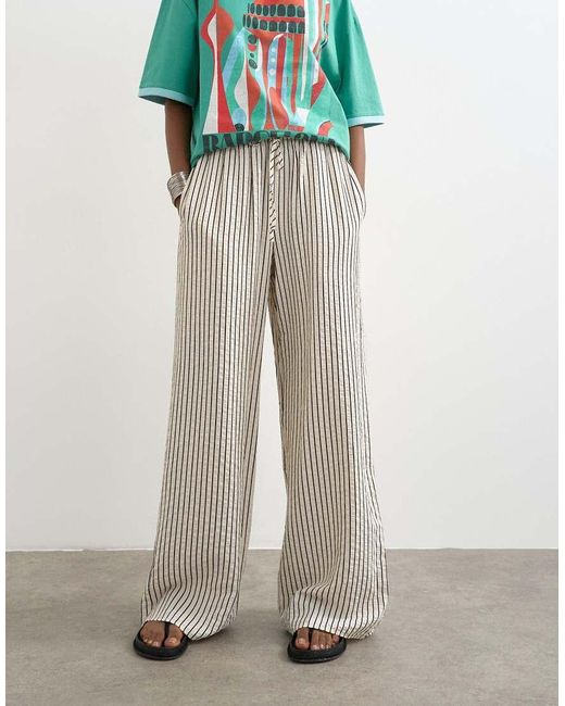 TOPSHOP Green Crinkle Stripe Drawcord Trouser