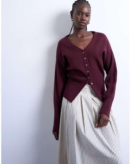 TOPSHOP Purple Knitted V Neck Longline Clean Cinch Waist Cardigan