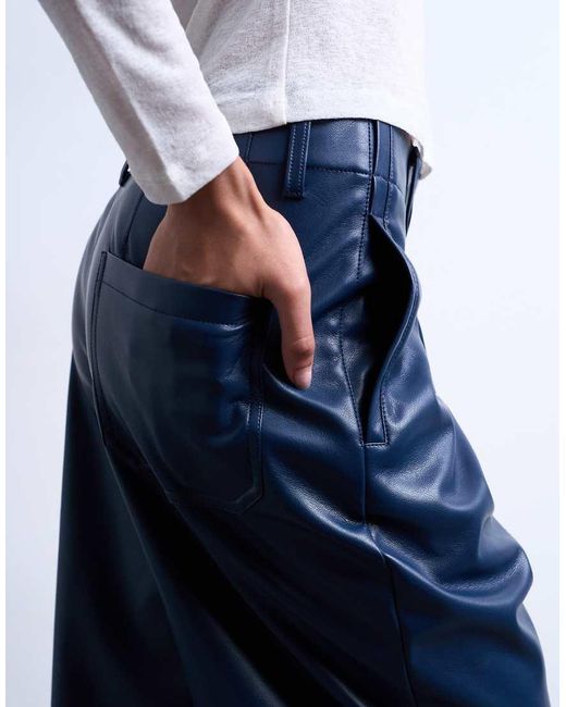 TOPSHOP Blue Faux Leather High Waist Pleated Straight Leg Trouser
