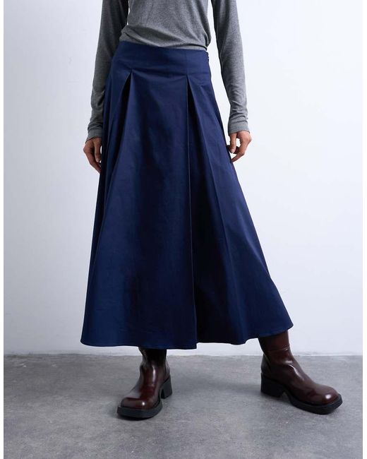 TOPSHOP Blue Pleat Front Midi Skirt