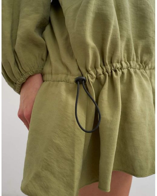 TOPSHOP Green Cupro Funnel Neck Dropped Waist Long Sleeve Mini Dress