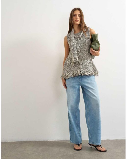 TOPSHOP Brown Knitted Sleeveless Fringing Peplum Scarf Top