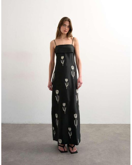 TOPSHOP Black Lapel Bust Maxi Dress With Embroidered Flowers