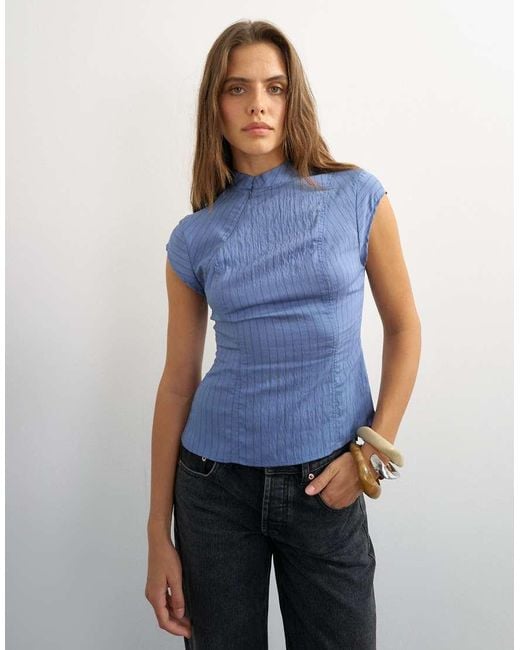 TOPSHOP Blue High Neck Zip Detail Top