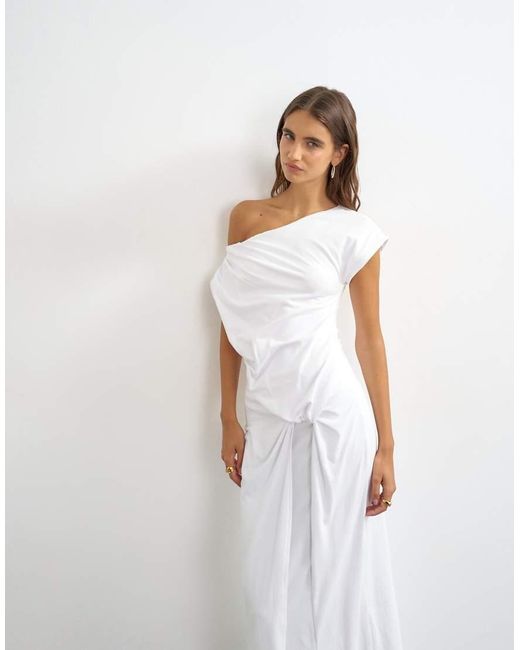 TOPSHOP White Premium Cotton Rich Jersey Draped Asymmetric Maxi Dress