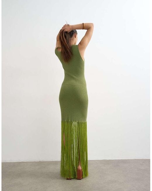 TOPSHOP Green Knitted Ribbed Tassel Maxi Dress