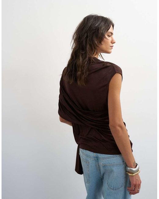 TOPSHOP Brown Draped Wrap High Cap Sleeve Top
