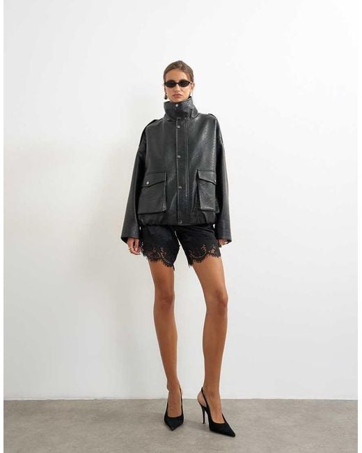 TOPSHOP Gray Faux Leather Funnel Neck Drawstring Bomber Jacket