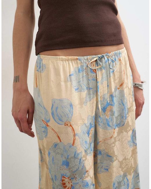 TOPSHOP White Printed Floral Jaquard Satin Wide Leg Trouser