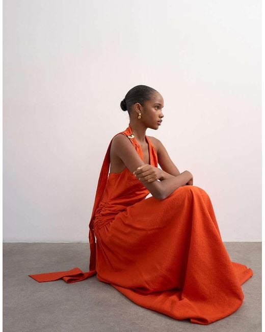 TOPSHOP Red Scarf Neck Plunge Maxi Dress With Hardware