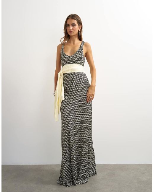 TOPSHOP Multicolor Satin Dropped Waist Maxi Dress With Contrast Tie Belt
