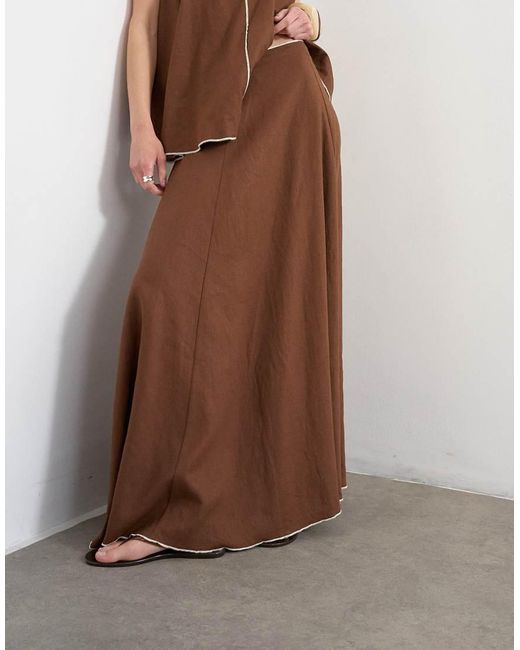 TOPSHOP Brown Linen Rich Maxi Skirt With Contrast Piping