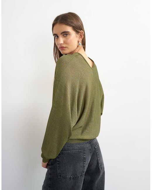 TOPSHOP Green Knitted V Slouchy Fine Knit Sheer Jumper