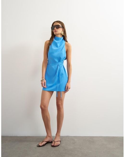 TOPSHOP Blue Heavy Crepe High Cowl Neck Mini Dress With Tie Waist