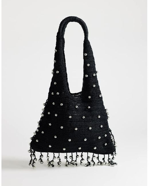 TOPSHOP Black Molly Medium Woven Beaded Bag