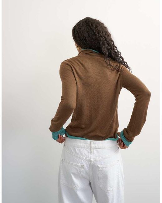 TOPSHOP Brown Wool Blend Double Layer Sheer Knit Turtleneck Top