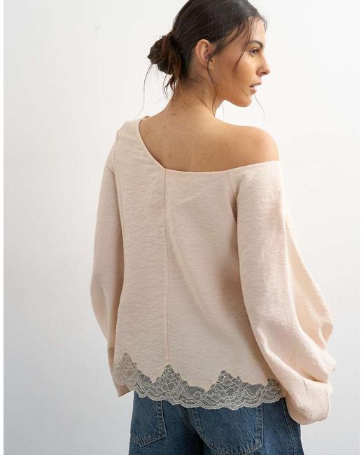 TOPSHOP Green Off Shoulder Tie Detail Lace Trim Blouse