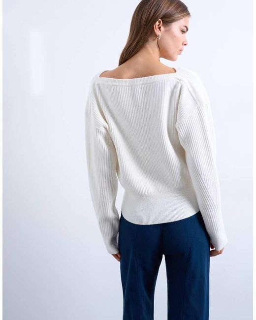 TOPSHOP White Knit Sweetheart Neck Cinched Waist Sweater