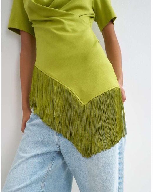 TOPSHOP Green Fringed Wrap Front Tassel Hem Tee