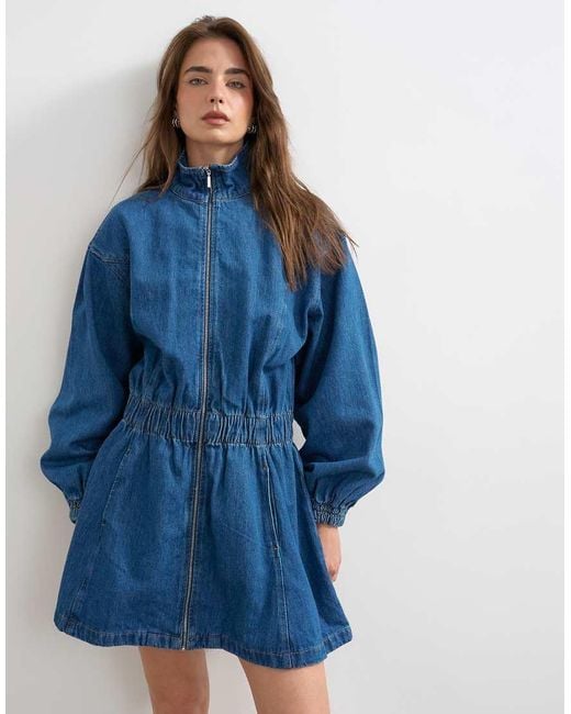 TOPSHOP Blue Denim Funnel Neck Mini Dress