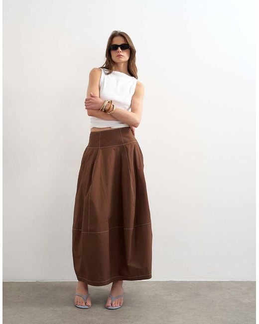TOPSHOP Brown Poplin Barrel Seamed Maxi Skirt