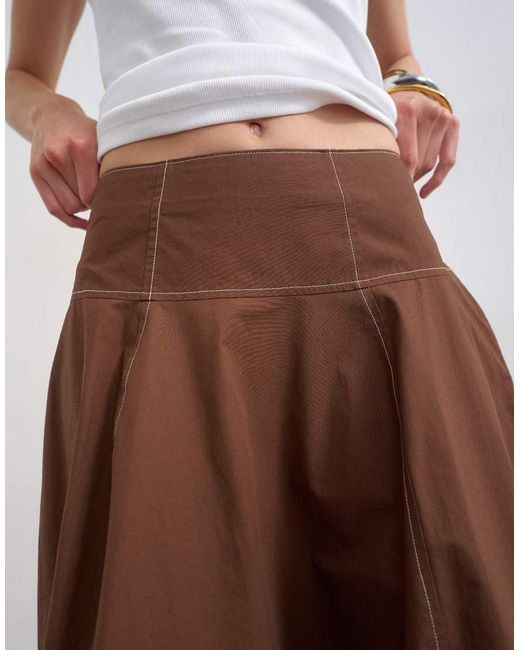 TOPSHOP Brown Poplin Barrel Seamed Maxi Skirt