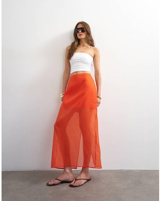 TOPSHOP Red Sheer Organza Maxi Skirt