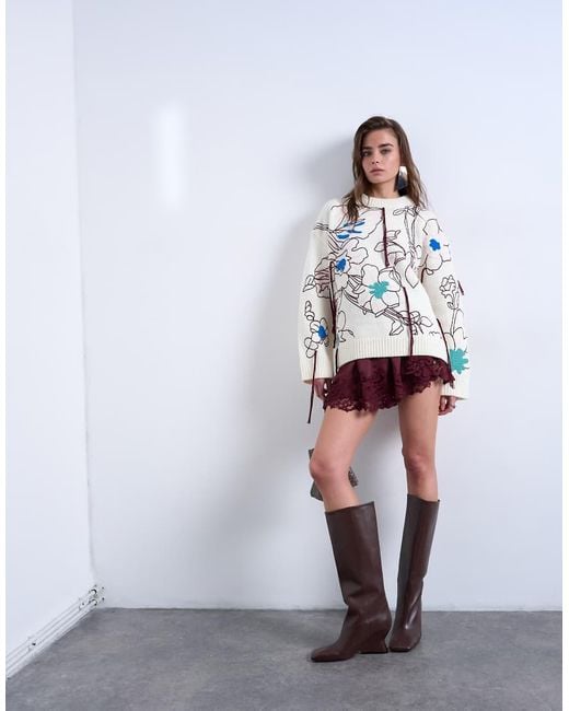 TOPSHOP Blue Knit Premium Oversized Embroidered Sweater