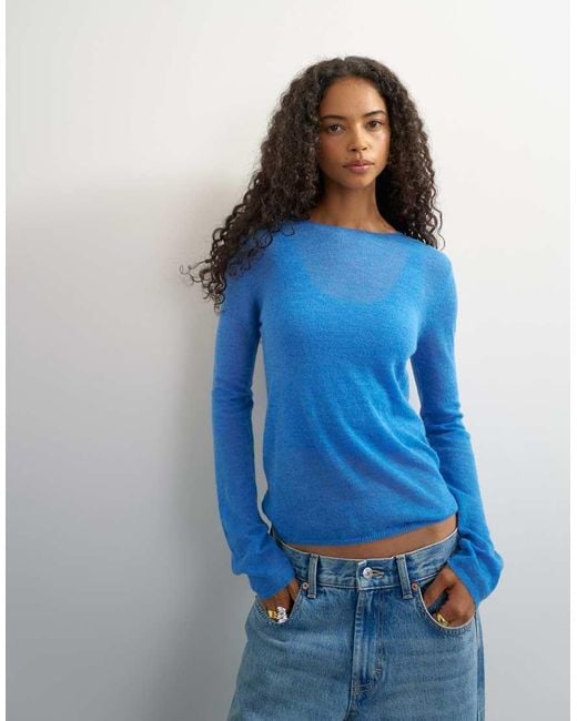 TOPSHOP Blue Knitted Double Layer Sheer Top With Wool