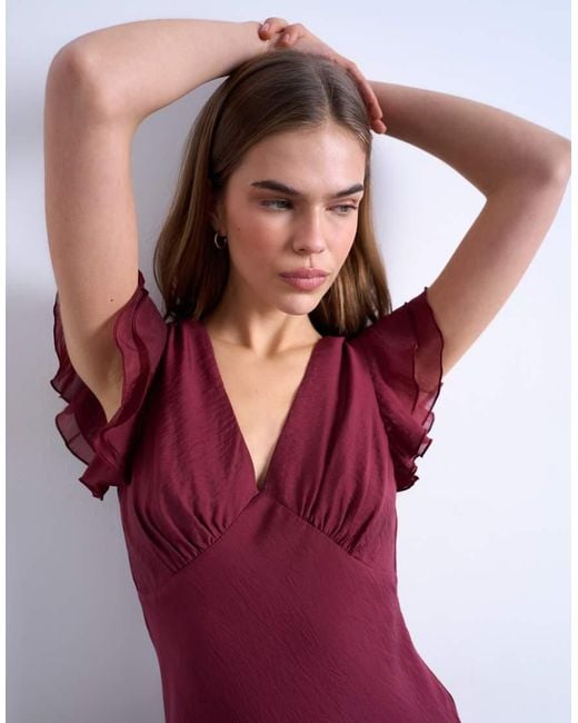 TOPSHOP Red Flutter Sleeve V-neck Midi Dress