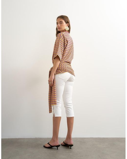 TOPSHOP Brown Stripe Wrap Waist Tie Detail Top