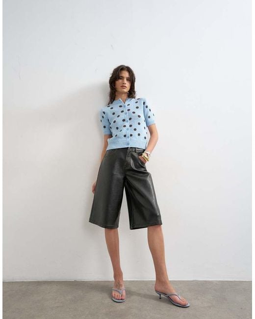 TOPSHOP Blue Knitted Short Sleeve Polka Dot Cardigan