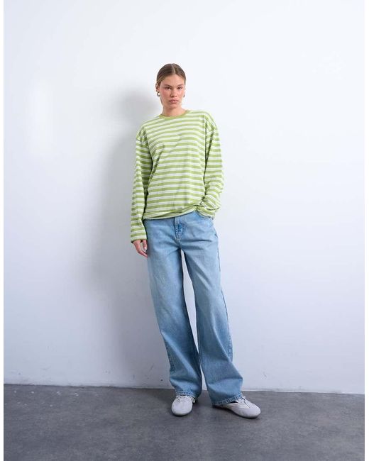 TOPSHOP Green Stripe Long Sleeve Slouchy Skater Tee