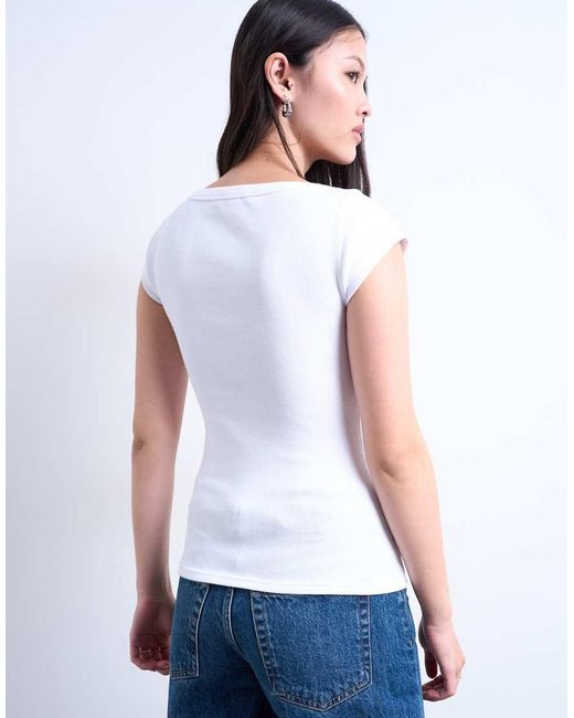 TOPSHOP White Square Neck Rib Cap Sleeve Tee