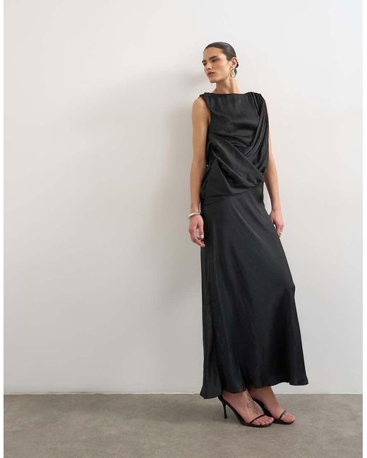 TOPSHOP Blue Satin Slash Neck Draped Cowl Front Maxi